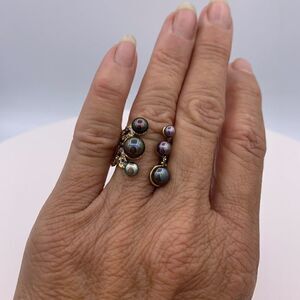Ring, NWOT, solid sterling, natural real black pearls 22 K gold, adjustable size